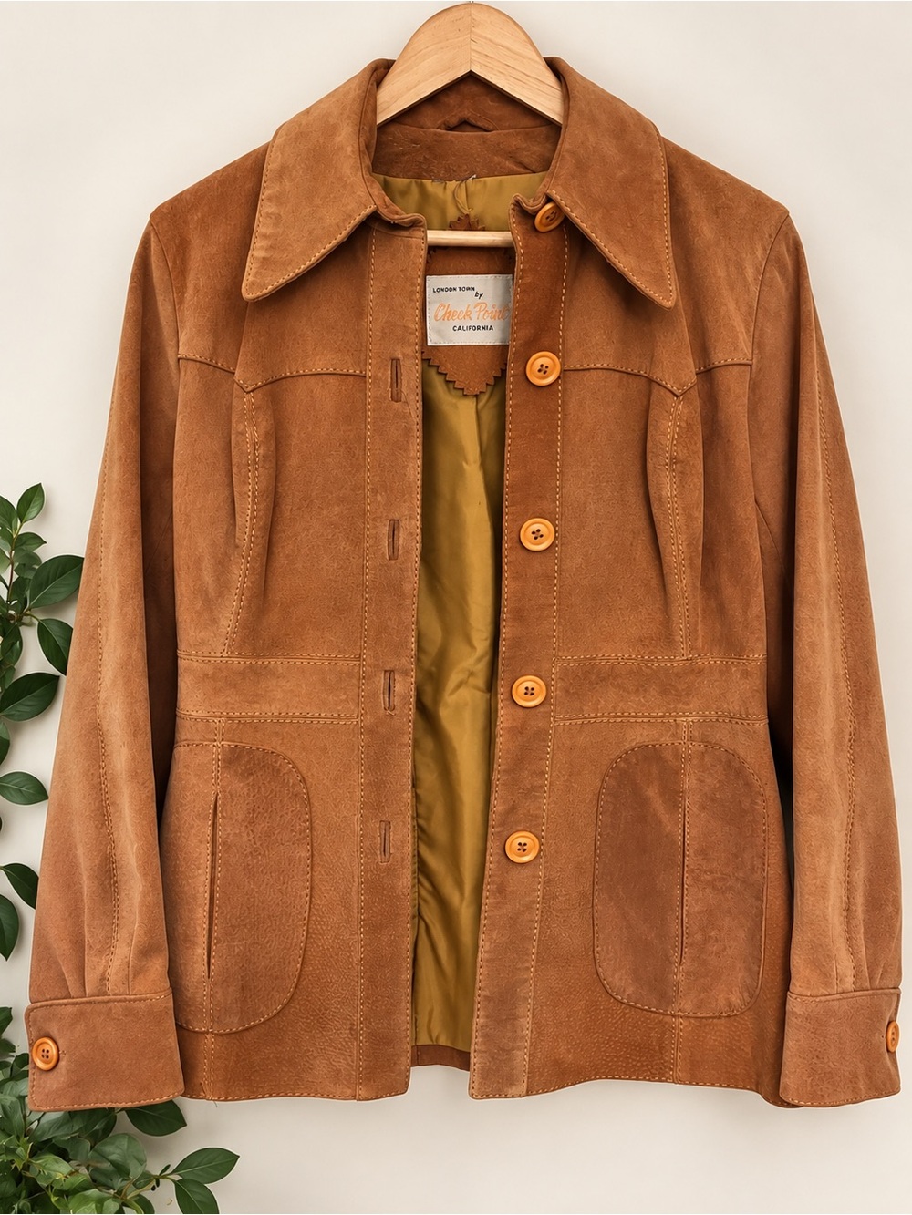 Vintage Check Point California 100% Leather Suede Jacket Brown Western 70s